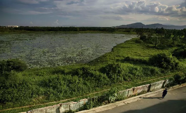 FILE -A woman walks next to a highly contaminated pond around the grounds of the Danang airbase in Danang, Vietnam, May 21, 2007. (AP Photo/David Guttenfelder, File)