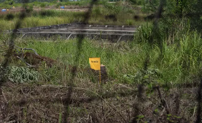 FILE- A yellow flag marks a field contaminated with dioxin near Danang airport, during a ceremony marking the start of a project to clean up dioxin left over from the Vietnam War, at a former U.S. military base in Danang, Vietnam Thursday Aug. 9, 2012. (AP Photo/Maika Elan, File)