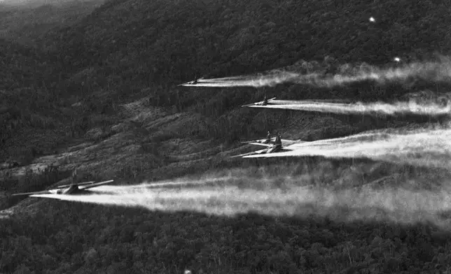 FILE- Flying a bare 100 feet above the jungle hills west of Hue, 5 bulky 'C-123 providers' cut loose a spray of chemical defoliant on August 14, 1968. The chemicals used burn off heavy foliage hiding enemy infiltrations routes and base camps. The aircraft are specially equipped with huge 1,000 gallon tanks holding 11,000 lbs. of herbicide. To hit their target areas they fly barely above the tree tops and in tight formation. In particularly dangerous areas they are provided with fighter-bomber escorts. (AP Photo/Robert Ohman, File)