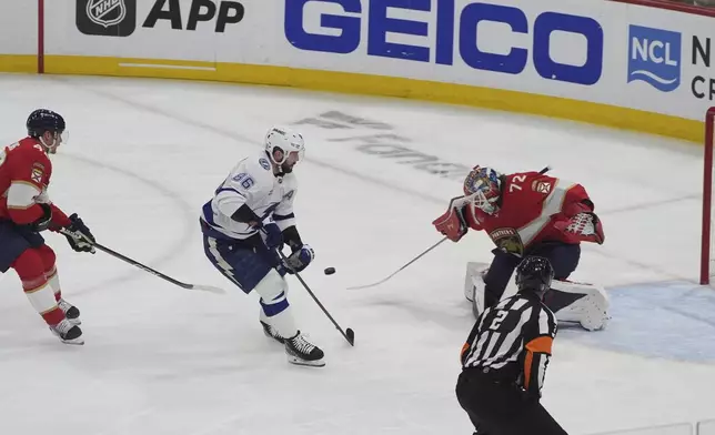 Florida Panthers goaltender Sergei Bobrovsky (72) stops a shot on goal by Tampa Bay Lightning right wing Nikita Kucherov (86) during the first period in Game 4 of an NHL hockey Stanley Cup first-round playoff series, Monday, April 28, 2025, in Sunrise, Fla. (AP Photo/Marta Lavandier)