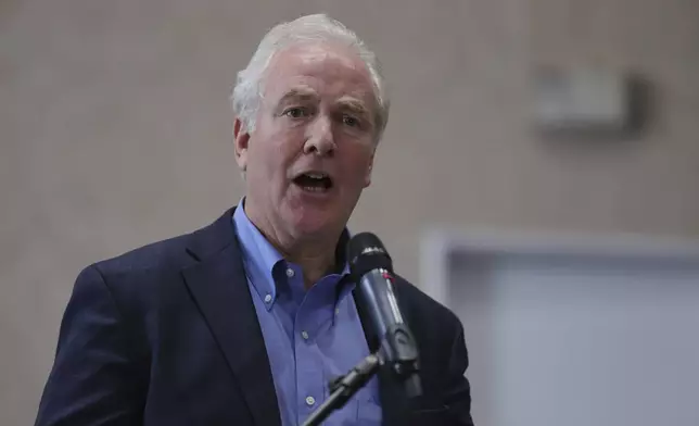Maryland Sen. Chris Van Hollen speaks to the press in San Salvador, El Salvador, where he arrived regarding Kilmar Abrego Garcia, a Salvadoran citizen who was living in Maryland and deported to El Salvador by the Trump administration, Thursday, April 17, 2025. (AP Photo/Salvador Melendez)