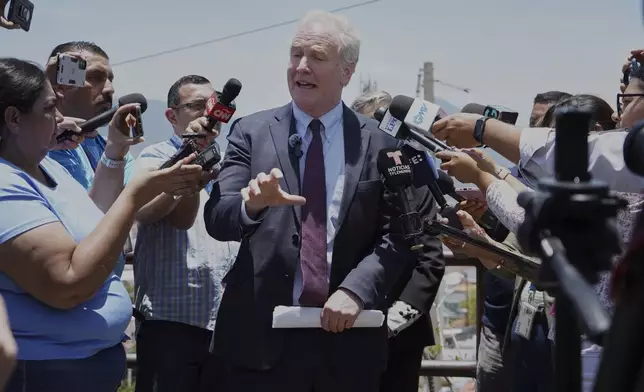Maryland Sen. Chris Van Hollen speaks to the press in La Libertad, El Salvador, where he arrived regarding Kilmar Abrego Garcia, a Salvadoran citizen who was living in Maryland and deported to El Salvador by the Trump administration, Wednesday, April 16, 2025. (AP Photo/Salvador Melendez)