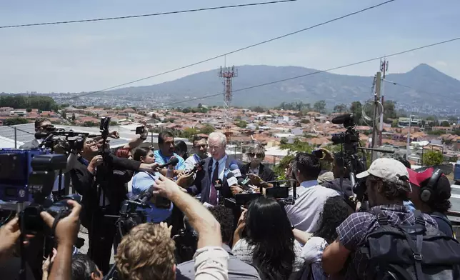 Maryland Sen. Chris Van Hollen speaks to the press in La Libertad, El Salvador, where he arrived regarding Kilmar Abrego Garcia, a Salvadoran citizen who was living in Maryland and deported to El Salvador by the Trump administration, Wednesday, April 16, 2025. (AP Photo/Salvador Melendez)