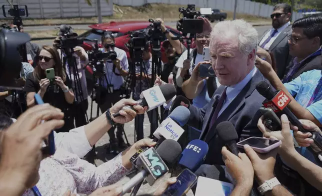 Maryland Sen. Chris Van Hollen speaks to the press in La Libertad, El Salvador, where he arrived regarding Kilmar Abrego Garcia, a Salvadoran citizen who was living in Maryland and deported to El Salvador by the Trump administration, Wednesday, April 16, 2025. (AP Photo/Salvador Melendez)
