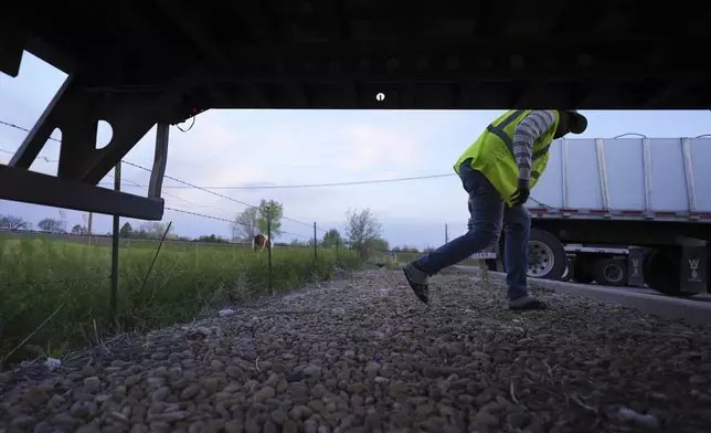 Haitian immigrant Kevenson Jean, a truck driver, checks his truck before a road trip, Tuesday, April 15, 2025, in Panhandle, Texas. (AP Photo/Eric Gay)