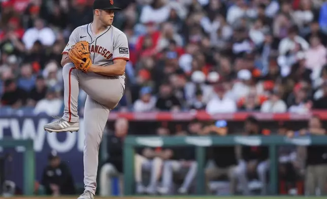 San Francisco Giants pitcher Landen Roupp prepares to throw to a Los Angeles Angels batter during the first inning of a baseball game in Anaheim, Calif., Saturday, April 19, 2025. (AP Photo/Jessie Alcheh)