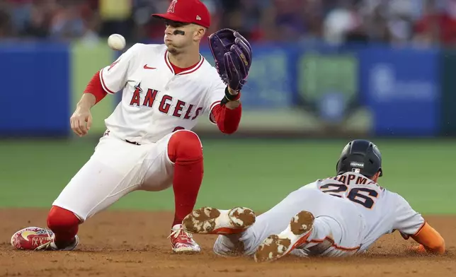 Los Angeles Angels shortstop Zach Neto, left, waits for the ball as San Francisco Giants' Matt Chapman (26) steals second base during the fourth inning of a baseball game in Anaheim, Calif., Saturday, April 19, 2025. (AP Photo/Jessie Alcheh)
