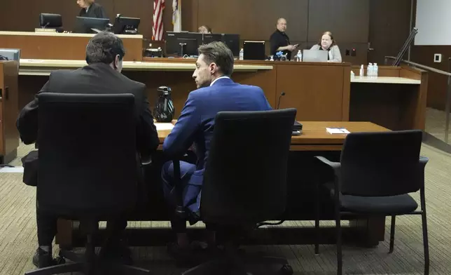 Robert Crimo III, who did not appear, seat is empty at the defense table during the sentencing hearing for Crimo III., at the Lake County Courthouse, in Waukegan, Ill., Wednesday, April 23, 2025. (AP Photo/Nam Y. Huh, Pool)
