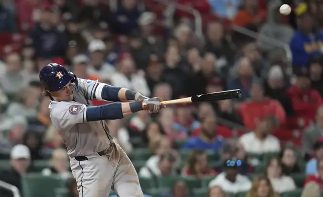Houston Astros' Jake Meyers hits an RBI single during the sixth inning of a baseball game against the St. Louis Cardinals Tuesday, April 15, 2025, in St. Louis. (AP Photo/Jeff Roberson)