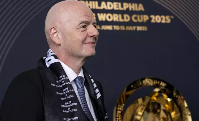 FIFA President Gianni Infantino looks on at a welcoming event for the 2025 FIFA Club World Cup soccer tournament, Thursday, April 10, 2025, in Philadelphia. (AP Photo/Chris Szagola)