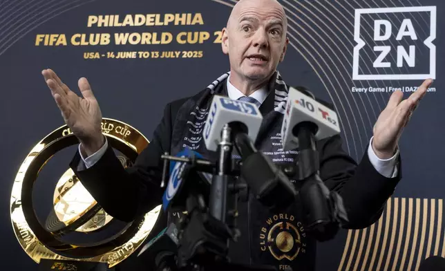 FIFA President Gianni Infantino speaks to the media at a welcoming event for the 2025 FIFA Club World Cup soccer tournament, Thursday, April 10, 2025, in Philadelphia. (AP Photo/Chris Szagola)