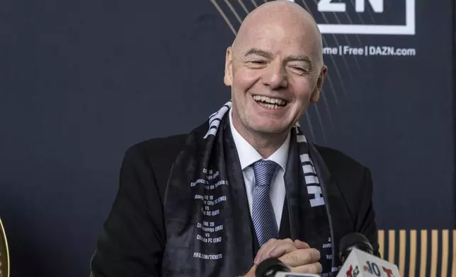 FIFA President Gianni Infantino speaks to the media at a welcoming event for the 2025 FIFA Club World Cup soccer tournament, Thursday, April 10, 2025, in Philadelphia. (AP Photo/Chris Szagola)