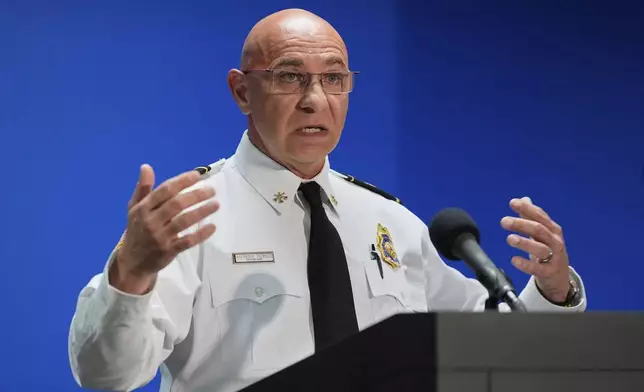 Clearwater, Fla., Fire Dept., division chief Anthony Tedesco speaks during a news conference Monday, April 28, 2025, in Clearwater, Fla., after a deadly boat crash into a ferry injuring multiple people Sunday night. (AP Photo/Chris O'Meara)
