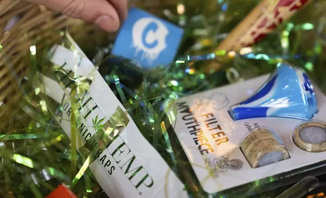 Henry Rice looks at items he won in a giveaway Easter basket during a "blaze and praise" drag brunch at Bar Carlo on Sunday, April 20, 2025, in Portland, Ore. (AP Photo/Jenny Kane)