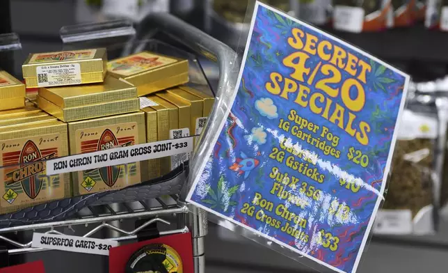 A sign for 4/20 specials is seen at Star Buds, a recreational marijuana dispensary, Sunday, April 20, 2025, in Seattle. (AP Photo/Lindsey Wasson)