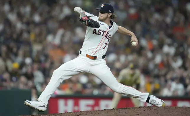 Houston Astros relief pitcher Josh Hader (71) throws during the ninth inning of a baseball game against the San Diego Padres in Houston, Saturday, April 19, 2025. (AP Photo/Ashley Landis)