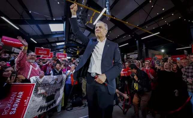 Liberal Leader Mark Carney makes a campaign stop in Saskatoon, Saskatchewan, Sunday, April 27, 2025. (Sean Kilpatrick/The Canadian Press via AP)