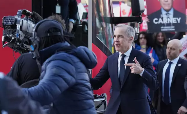 Canada's Prime Minister and Liberal Leader Mark Carney arrives for the English-language federal election debate, in Montreal, Thursday, April 17, 2025. (Chris Young/The Canadian Press via AP)