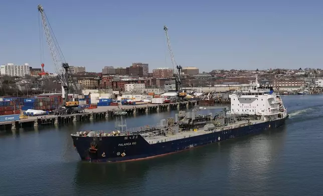 FILE - The oil tanker Palanca Rio arrives in Portland, Maine, Wednesday, April 2, 2025, after a two-day voyage from St. John, New Brunswick, Canada. (AP Photo/Robert F. Bukaty, File)