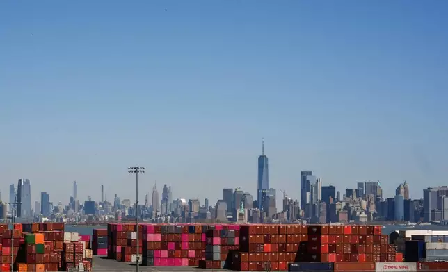 Shipping containers are seen at Port Jersey, Friday, April 18, 2025, in Jersey City, N.J. (AP Photo/Julia Demaree Nikhinson)