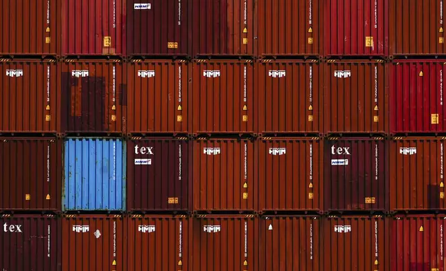 Shipping containers are seen at Port Jersey, Friday, April 18, 2025, in Jersey City, N.J. (AP Photo/Julia Demaree Nikhinson)