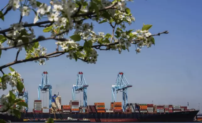 Shipping containers sit on the container ship Alexandra at the Port Newark Container Terminal, Friday, April 18, 2025, in Newark, N.J. (AP Photo/Julia Demaree Nikhinson)