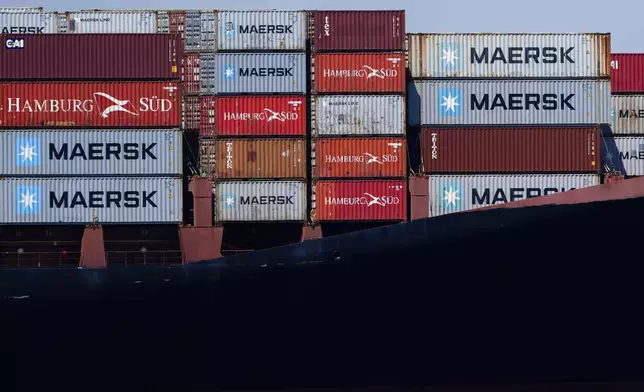 Shipping containers sit on the container ship Alexandra at the Port Newark Container Terminal, Friday, April 18, 2025, in Newark, N.J. (AP Photo/Julia Demaree Nikhinson)