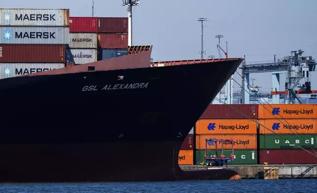 Shipping containers sit on the container ship Alexandra at the Port Newark Container Terminal, Friday, April 18, 2025, in Newark, N.J. (AP Photo/Julia Demaree Nikhinson)