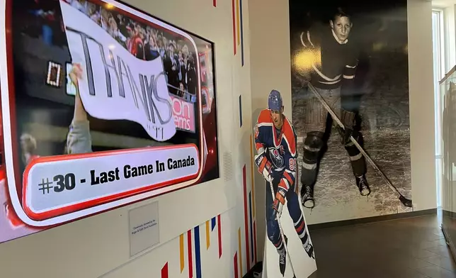 Part of the Wayne Gretzky display inside his hometown’s regional sports hall of fame, in Brantford, Ontario, Canada, Monday, March 17, 2025. (AP Photo/John Wawrow)