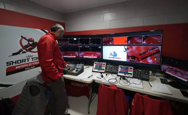 A view of the Referees video review room in Assago near Milan, which will be the Milano Ice Skating Arena where figure skating and short track speed skating disciplines of the Milan Cortina 2026 Winter Olympics will take place, Saturday, Feb. 15, 2025. (AP Photo/Luca Bruno)