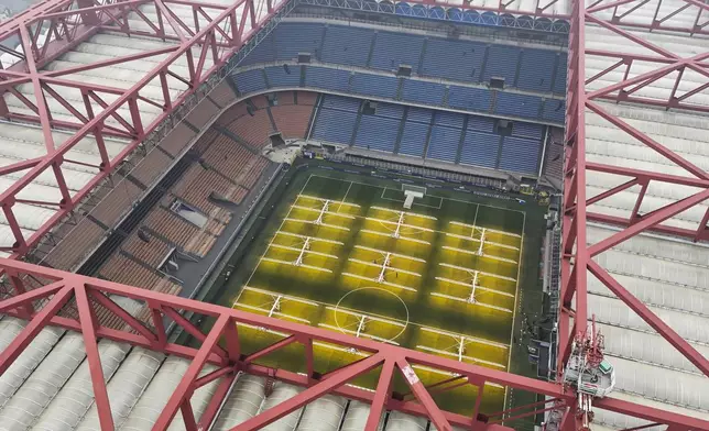 A view of the San Siro Stadium where the opening ceremony of the Milan Cortina 2026 Winter Olympics will take place, in Milan, Italy, Monday, Feb. 24, 2025. (AP Photo/Luca Bruno)