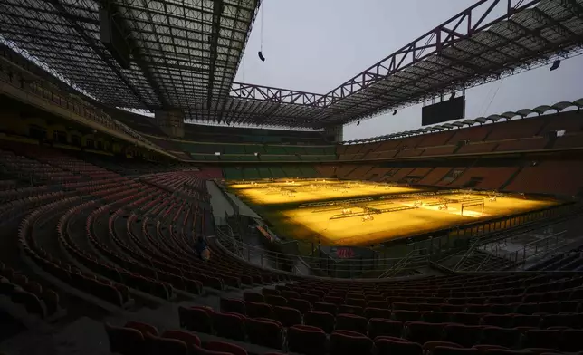 A view of the San Siro Stadium where the opening ceremony for the Milan Cortina 2026 Winter Olympics will take place, in Milan, Italy, Monday, Jan. 27, 2025. (AP Photo/Luca Bruno)