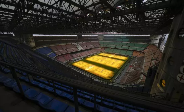 A view of San Siro Stadium where the opening ceremony for at the Milan Cortina 2026 Winter Olympics will take place, in Milan, Italy, Monday, Jan. 27, 2025. (AP Photo/Luca Bruno)