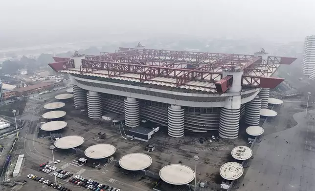 A view of the San Siro Stadium where the opening ceremony of the Milan Cortina 2026 Winter Olympics will take place, in Milan, Italy, Monday, Feb. 24, 2025. (AP Photo/Luca Bruno)