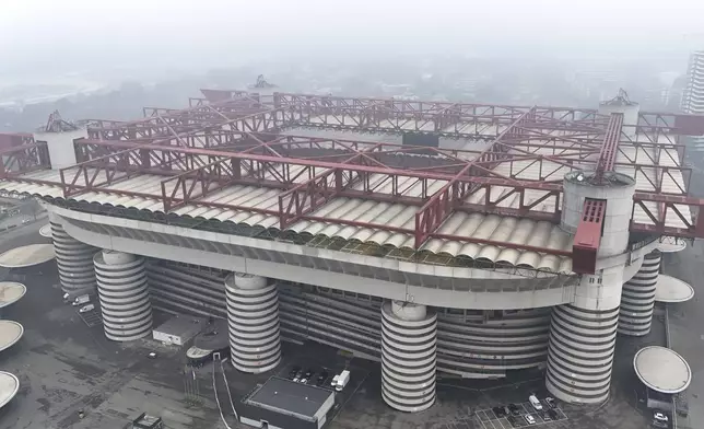 A view of the San Siro Stadium where the opening ceremony of the Milan Cortina 2026 Winter Olympics will take place, in Milan, Italy, Monday, Feb. 24, 2025. (AP Photo/Luca Bruno)
