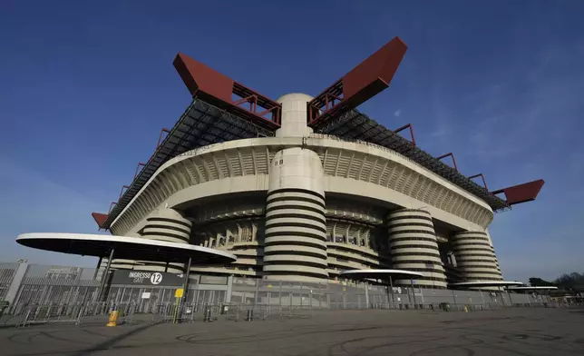 An external view of the San Siro Stadium site of the Opening ceremony at the Milan Cortina 2026 Winter Olympics, in Milan, Wednesday, Jan. 29, 2025. (AP Photo/Luca Bruno)