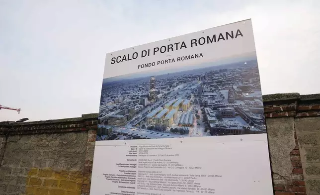 A billboard displays a rendering of the Olympic Village for the Milan Cortina 2026 Winter Olympics, at the Porta Romana former railway yard, in Milan, Italy, Wednesday, March 1, 2023. (AP Photo/Luca Bruno)
