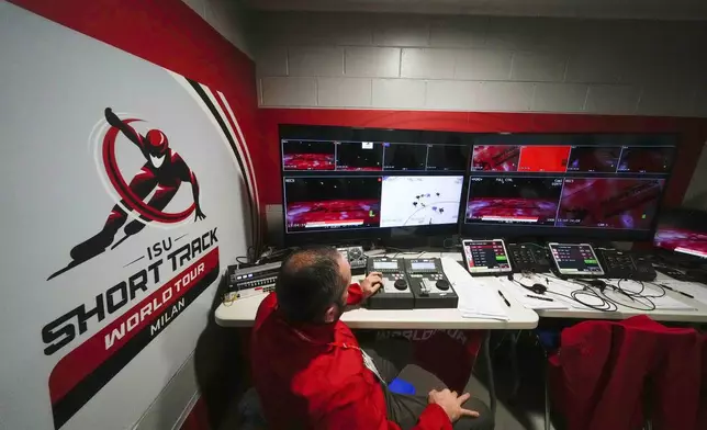 A view of the Referees video review room in Assago near Milan, which will be the Milano Ice Skating Arena where figure skating and short track speed skating disciplines of the Milan Cortina 2026 Winter Olympics will take place, Saturday, Feb. 15, 2025. (AP Photo/Luca Bruno)