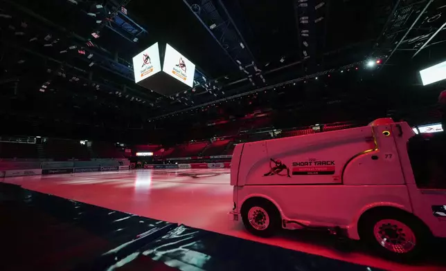 A general view of the Assago Forum, in Assago near Milan, which will be the Milano Ice Skating Arena where figure skating and short track speed skating disciplines of the Milan Cortina 2026 Winter Olympics will take place, Saturday, Feb. 15, 2025. (AP Photo/Luca Bruno)