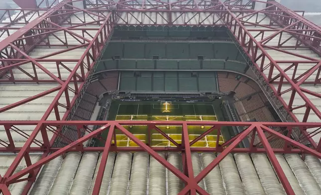 A view of the San Siro Stadium where the opening ceremony of the Milan Cortina 2026 Winter Olympics will take place, in Milan, Italy, Monday, Feb. 24, 2025. (AP Photo/Luca Bruno)