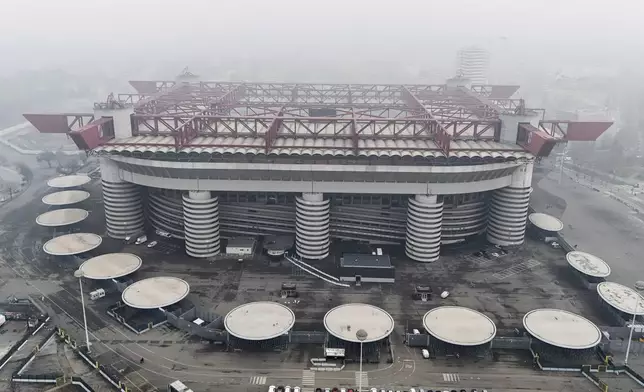 A view of the San Siro Stadium where the opening ceremony of the Milan Cortina 2026 Winter Olympics will take place, in Milan, Italy, Monday, Feb. 24, 2025. (AP Photo/Luca Bruno)