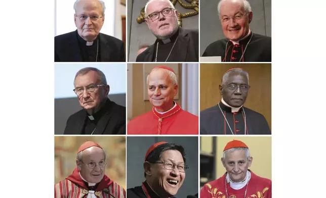 This combination of photos shows, top row from left, Cardinal Peter Erdo, Cardinal Reinhard Marx, Cardinal Marc Ouellet, middle row from left, Cardinal Pietro Parolin, Cardinal Robert Prevost, Cardinal Robert Sarah, and bottom row from left, Cardinal Christoph Schoenborn, Cardinal Luis Tagle and Cardinal Matteo Zuppi. (AP Photo)