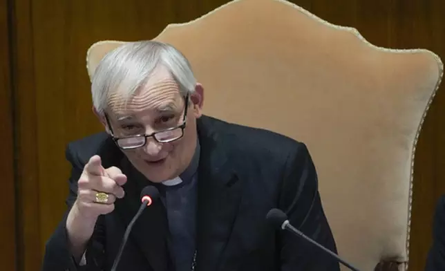 FILE - Cardinal Matteo Zuppi delivers his address opening the works of the 77th General Assembly of the Italian Bishops Conference at the Vatican, Tuesday, May 23, 2023. (AP Photo/Gregorio Borgia, File)