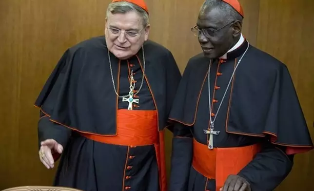 FILE - Cardinal Raymond Leo Burke, left, talks with Cardinal Robert Sarah, prefect of the Congregation for Divine Worship and the Discipline of the Sacraments, as he arrives for the presentation of his book Divine Love Made Flesh, in Rome, Wednesday, Oct. 14, 2015. (AP Photo/Andrew Medichini, File)
