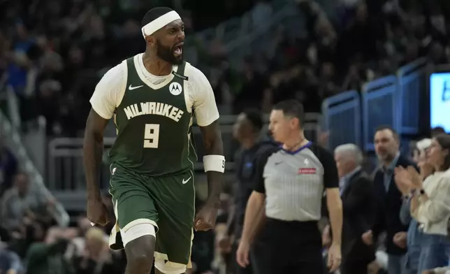 Milwaukee Bucks' Bobby Portis yells to the crowd during the second half of an NBA basketball game against the Minnesota Timberwolves, Tuesday, April 8, 2025, in Milwaukee. (AP Photo/Aaron Gash)