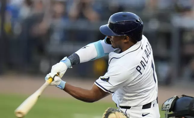 Tampa Bay Rays' Richie Palacios connects for a double off New York Yankees pitcher Will Warren during the second inning of a baseball game Thursday, April 17, 2025, in Tampa, Fla. (AP Photo/Chris O'Meara)