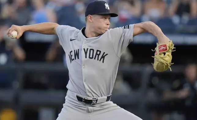New York Yankees pitcher Will Warren delivers to the Tampa Bay Rays during the first inning of a baseball game Thursday, April 17, 2025, in Tampa, Fla. (AP Photo/Chris O'Meara)
