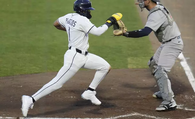 Tampa Bay Rays' Richie Palacios scores in front of New York Yankees catcher J.C. Escarra on a sacrifice fly by Taylor Walls during the second inning of a baseball game Thursday, April 17, 2025, in Tampa, Fla. (AP Photo/Chris O'Meara)
