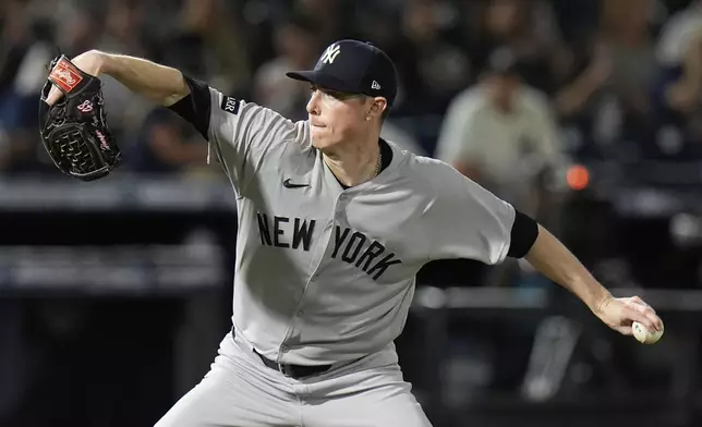 New York Yankees pitcher Ryan Yarbrough delivers to the Tampa Bay Rays during the fourth inning of a baseball game Thursday, April 17, 2025, in Tampa, Fla. (AP Photo/Chris O'Meara)
