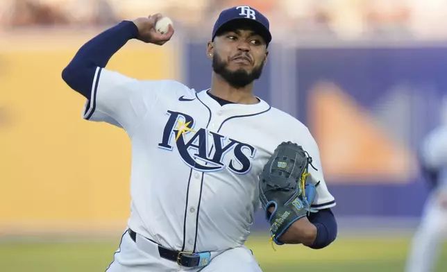Tampa Bay Rays' Taj Bradley pitches to the New York Yankees during the second inning of a baseball game Thursday, April 17, 2025, in Tampa, Fla. (AP Photo/Chris O'Meara)